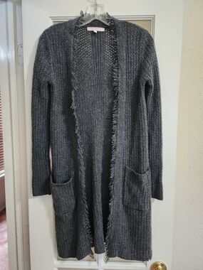 The Cashmere Project XS 100% Cashmere Fringe Duster Cardigan Gray FLAWS AS IS